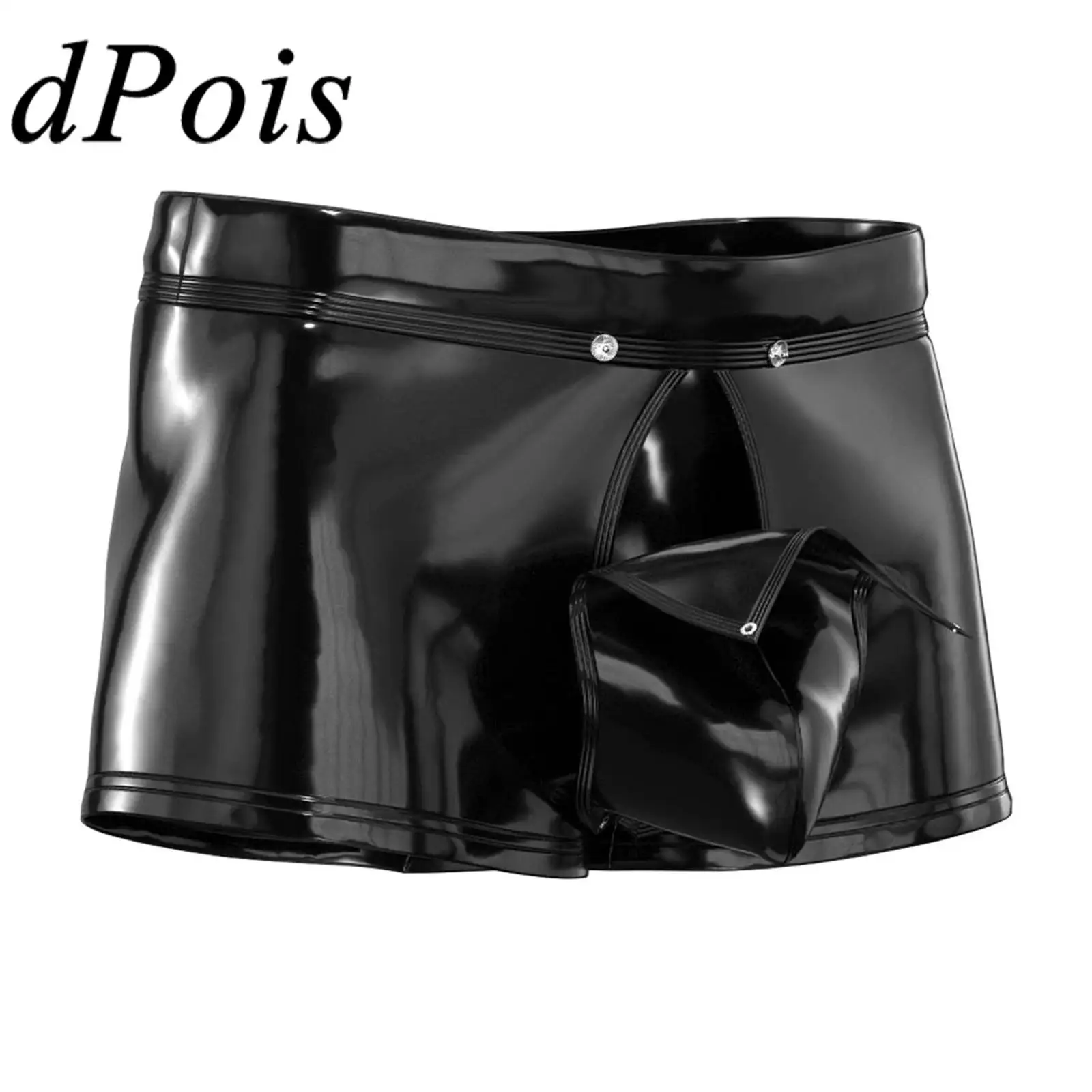 Mens Shiny Faux PU Leather Boxer Shorts Zipper Open Crotch Shorts Board Boxer Briefs Tights Sexy Trunks Pouch Panties Underwear
