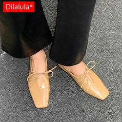 Dilalula Women Casual Flats Shoes Real Leather Cute Bow Lace Up Low Heels Shoes Vintage Square Toe Daily Office Dress Size 34-40