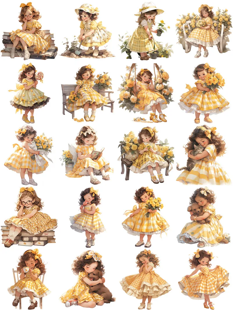 Autocollants décoratifs avec robe jaune mignonne pour petite fille, stickers artisanaux pour scrapbooking, album junk journal, DIY bricolage, 20 pièces/paquet