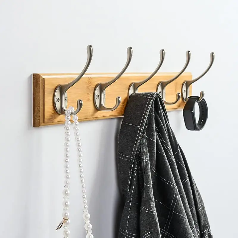 

17-Inch Bamboo Wall Coat Rack With Five Dual Metal Hooks, Natural Finish For Hallway Or Entryway
