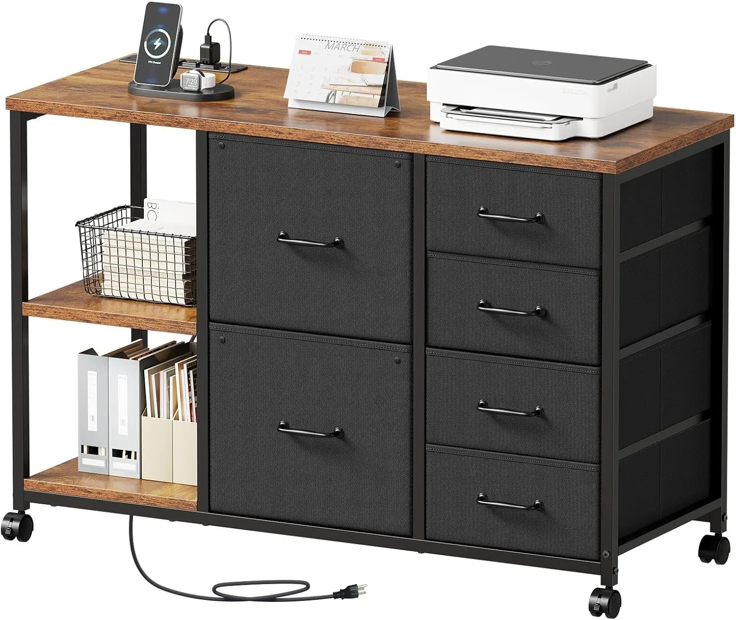 

Коричневый шкаф для документов в деревенском стиле с 6 ящиками, зарядной станцией, подставкой для принтера на колесиках и открытой полкой для хранения для домашнего офиса