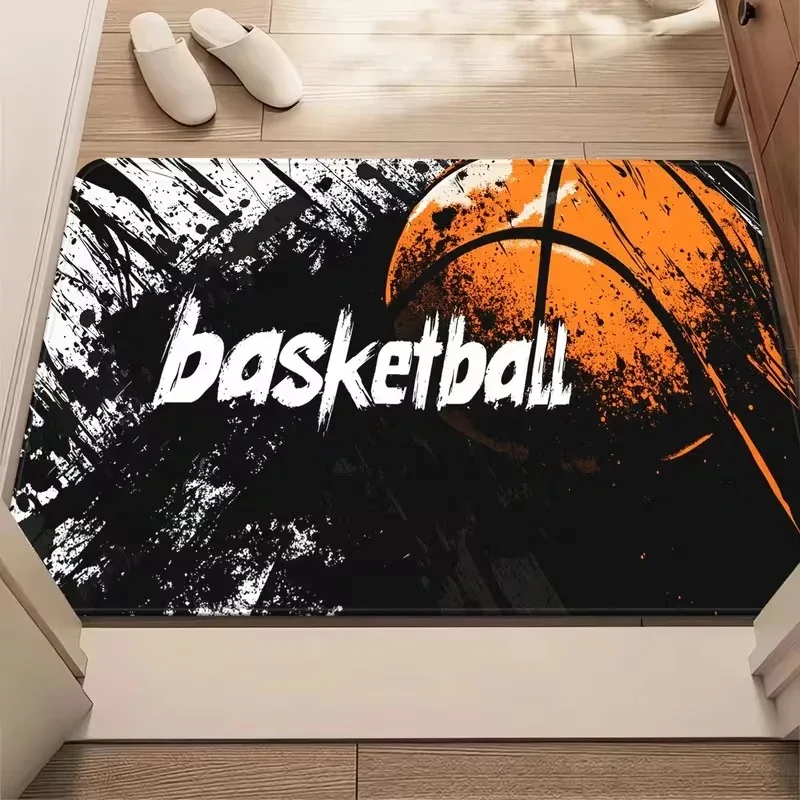 Black White Splash Ink Basketball Doormat Sport Graffiti Ball Print Non Slip Mat for Entryway Boys Bedroom Sports Room Decor Mat