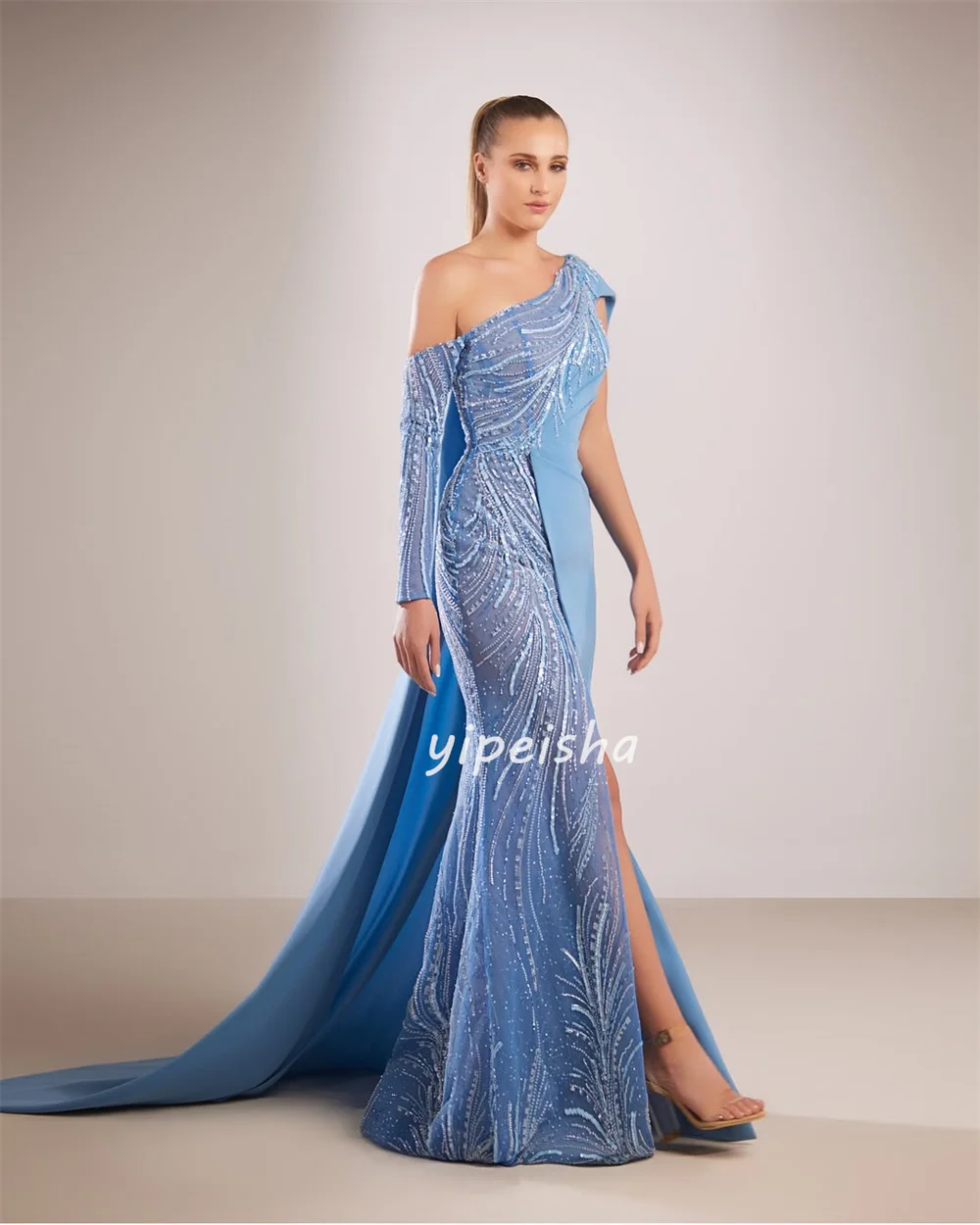 Индивидуальные высокое качество замысловатый трикотаж с бисером и блестками Русалка на одно плечо Длинные платья на заказ Модные платья для особых случаев