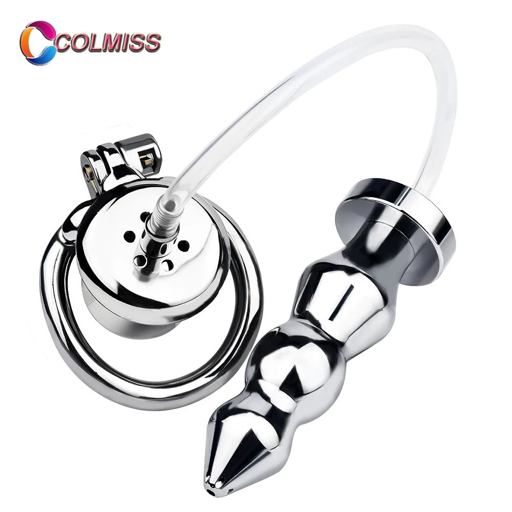 COLMISS Negative Male Chastity Cage With Metal Anal Plug Silicone Catheter Penis Ring Buttplug Stimulation Cock Lock Sex Toy Men