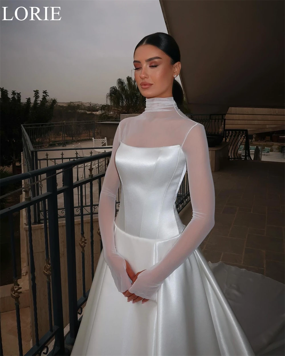 LORIE Elegant Satin Wedding Dresses A-Line High Neck Long Sleeves Pleated Bride Prom Gown 2025 Modest Bridal Gowns Customized