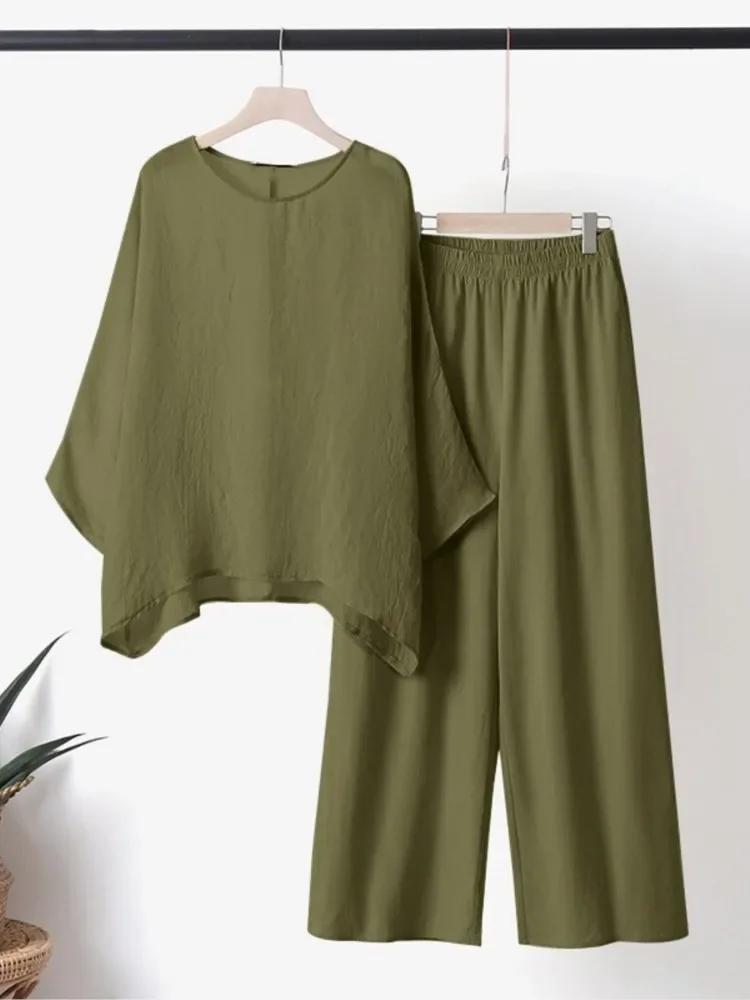 

2025 Summer Fashion Cotton Linen Women's Set Large Irregular Linen Shirt High Waist Loose Wide Leg Pants Elegant Two Piece Set