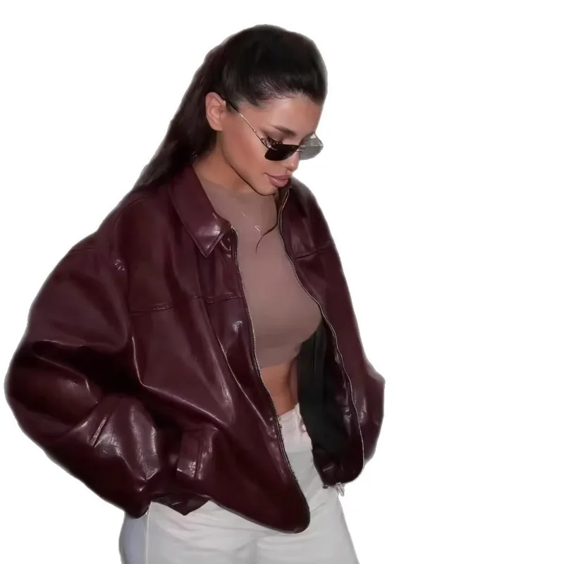 Vintage PU Leather Bomber Jackets 2026 Autumn New Ladies Zipper Lapel Long Sleeve Pocket Coat Women's Loose Streetwear 6