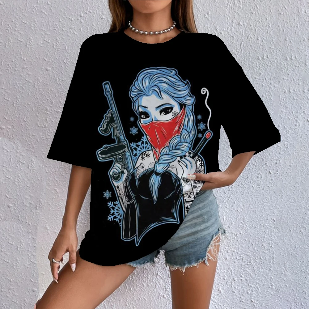 

Disney Cartoon Printed Women T-shirt Princess Print Summer Short Sleeve T Shirt Harajuku Casual Round Neck Streetwear Clothing