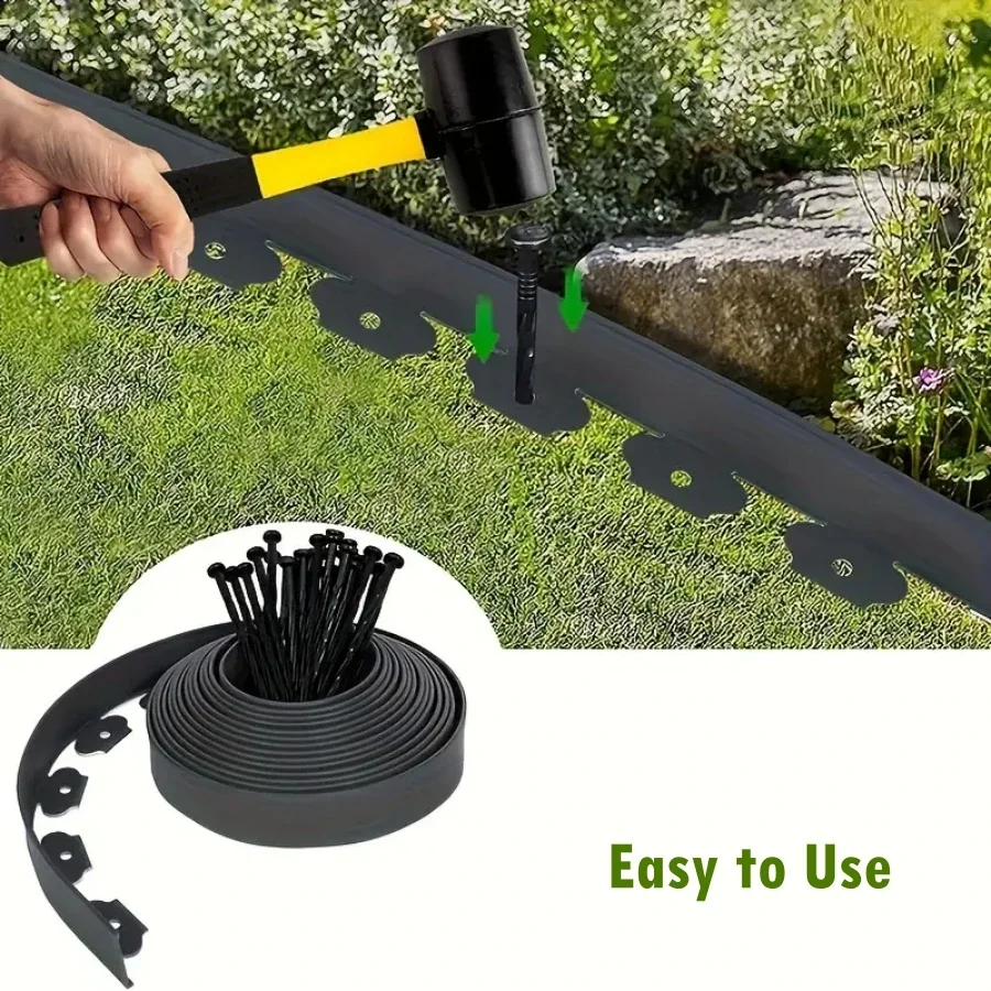 5-10mGarden Edging Coil Comes with 30Pcs Spikes,No Dig Lawn Border Design Lawn Fence Garden Fencing Trellis L-shaped Lawn Border