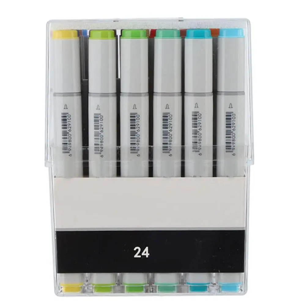 24 Colors Alcohol Double Head Art Marker Pen Clothes Drawing Tool Set with Transparent Box
