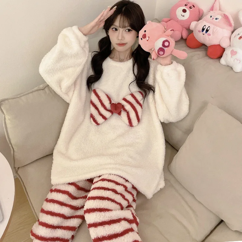 

Half flannel bow striped pajama set for women in winter, thickened coral fleece with plush, cute fairy style home outfit