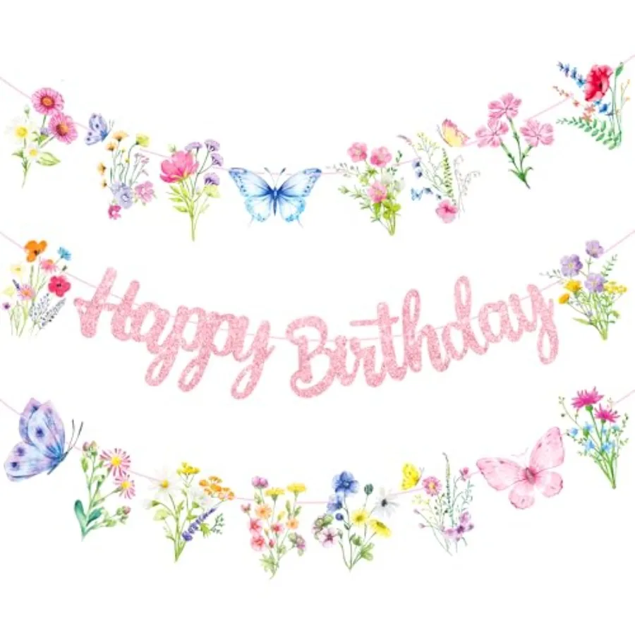 Wildflowers Happy Birthday Banners 3Pcs Pink Butterfly Theme Party Decorations for Women Girl Spring Birthday Baby Shower Suppl