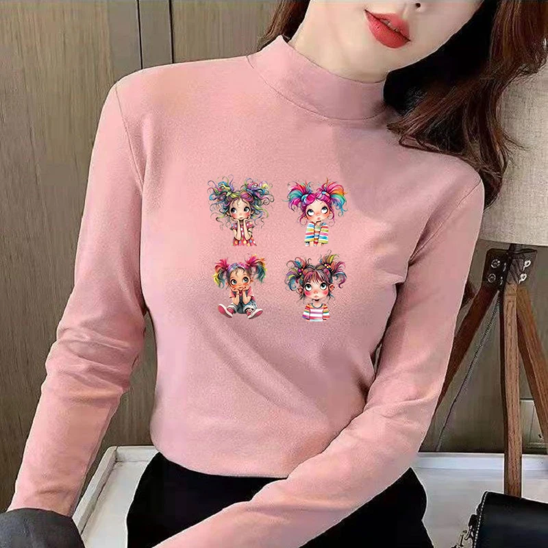 Winter Women's Thermal Brushed Fleece Half Mock Neck Long Sleeve T Shirt Rainbow Hair Girls Sitting Graphic Warm Tee
