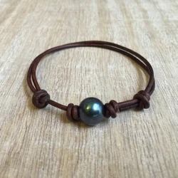 LaBelle, Leather and Freshwater Pearl Anklet Tahitian Dyed Pearl