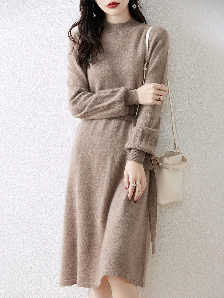 New Chic Women's Puff Sleeves Dress 100% Merino Wool Autumn Winter Mock-neck Pullover Long Sweater Cashmere Knitwear  Dress