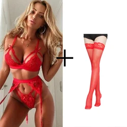 Conjunto de ropa interior Sexy para mujer, Sujetador de encaje transparente, liguero y Tanga, sujetador erótico caliente, lencería porno, 3 piezas