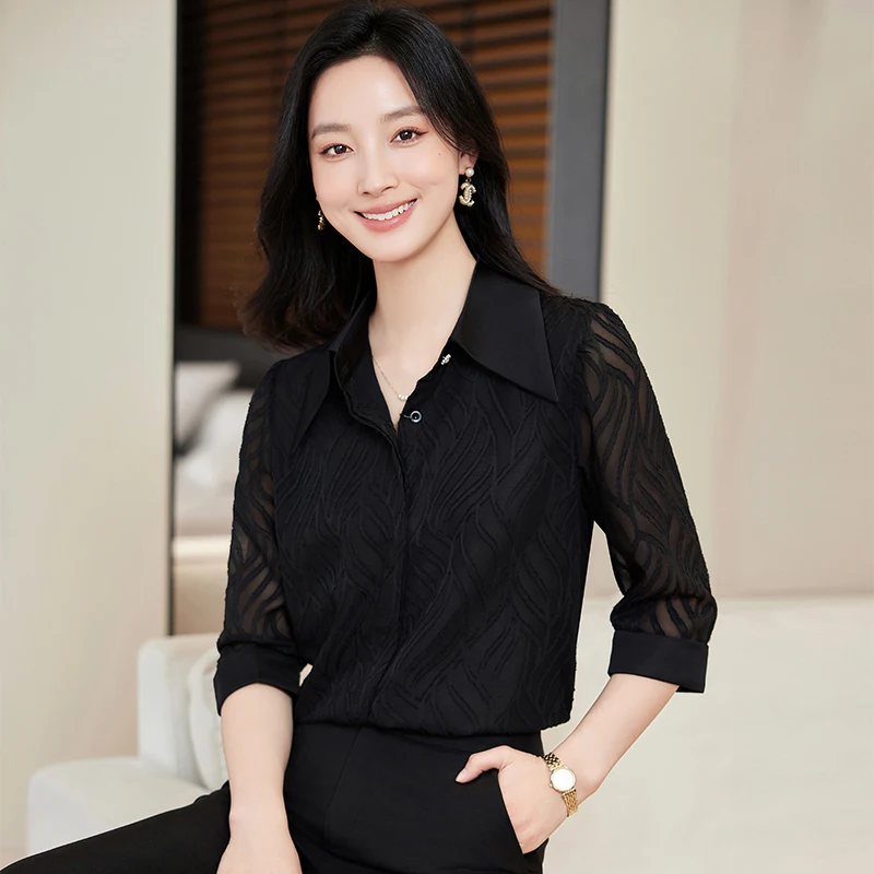 NAVIU Navy Blue Chiffon Elegant Shirt Spring Summer Fashion Blouse New Korean Style Turn Down Collar Solid Color Shit For Female