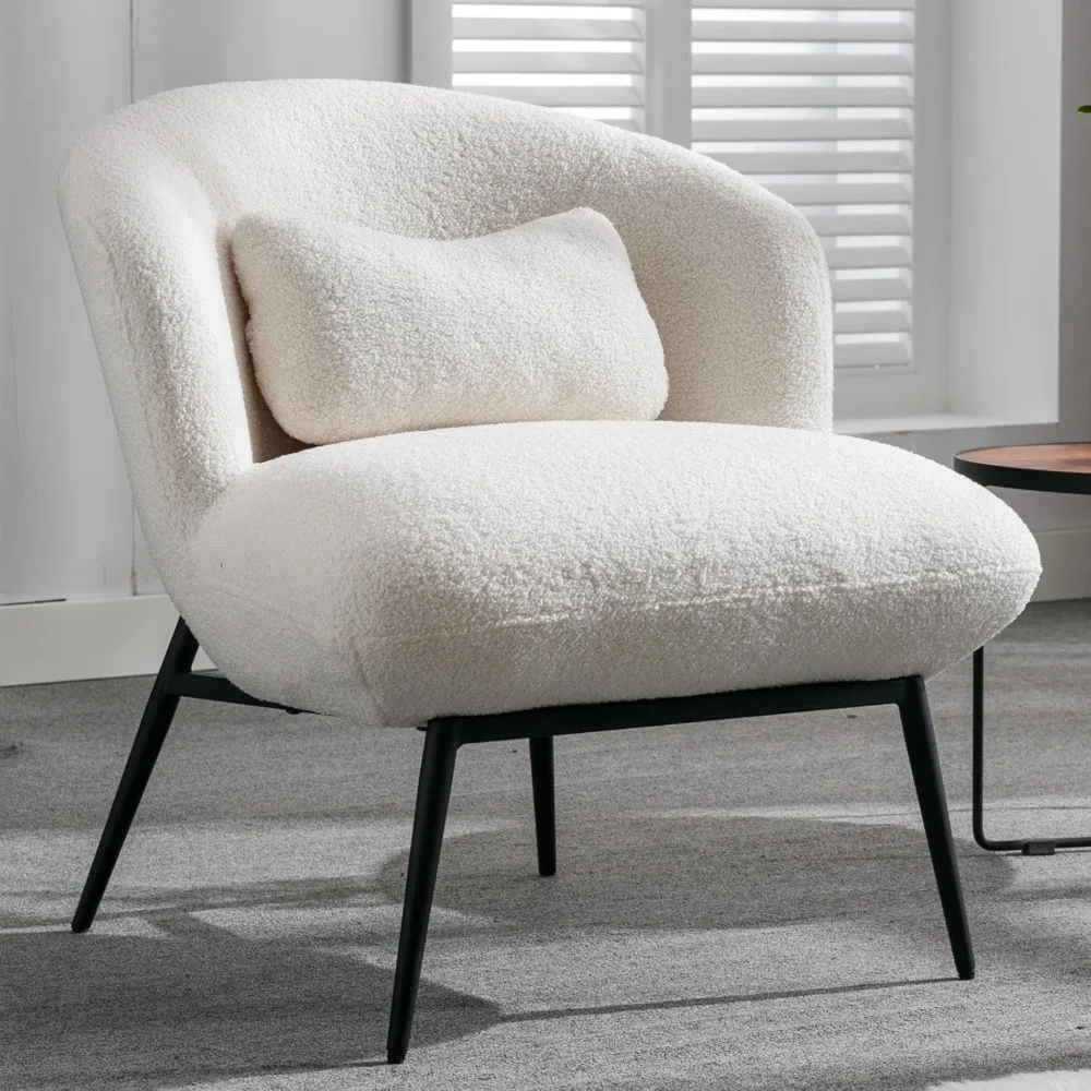 Modern Accent Chair, Sherpa Upholstered Leisure Chair Boucle Single Sofa Chair Lounge Chair with Lumbar Pillow Metal Legs