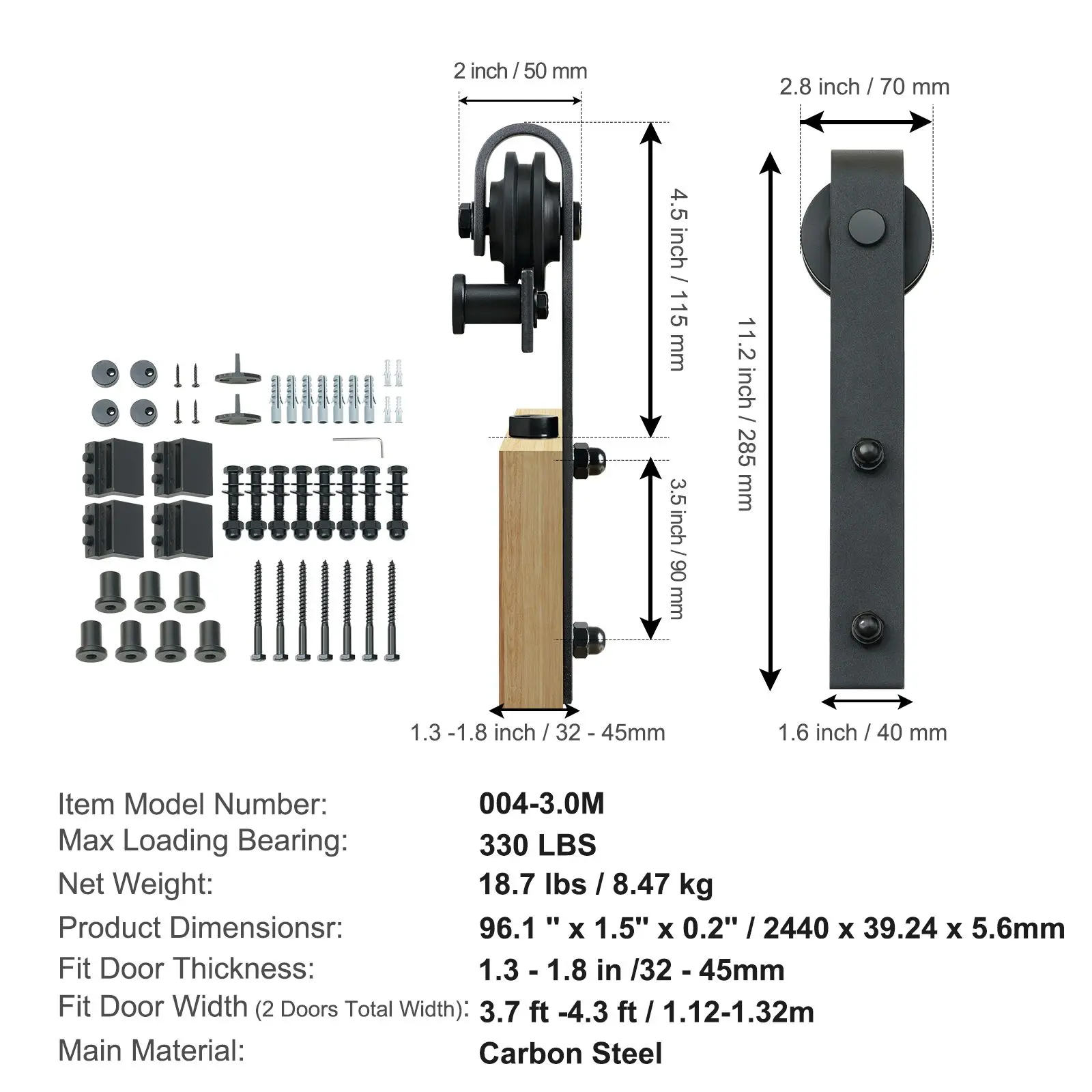 8FT Sliding Barn Door Hardware Kit, 330LBS Heavy Duty Barn Door Track Kit for Double Doors, Fit 3.7-4.3FT Total Wide and 1.3