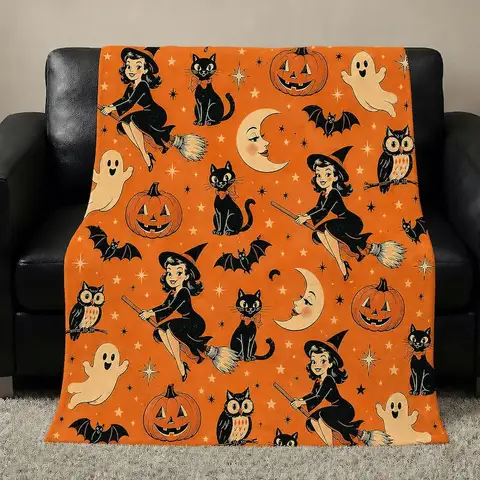 Halloween Witch Sherpa Blanket, Retro 60s Velveteen Throw