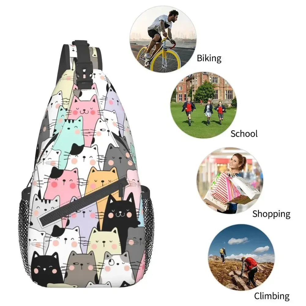 Niestandardowe kolorowe koty Kitten torby na ramię dla mężczyzn moda Cartoon Pet ramię w klatce piersiowej Crossbody plecak podróżny plecak turystyczny