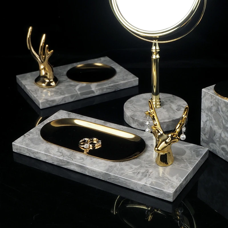 Natural Marble Jewelry Plate Vanity Mirror Cosmetic Mirror Storage Container Tray Golden Luxury Bathroom Accessories