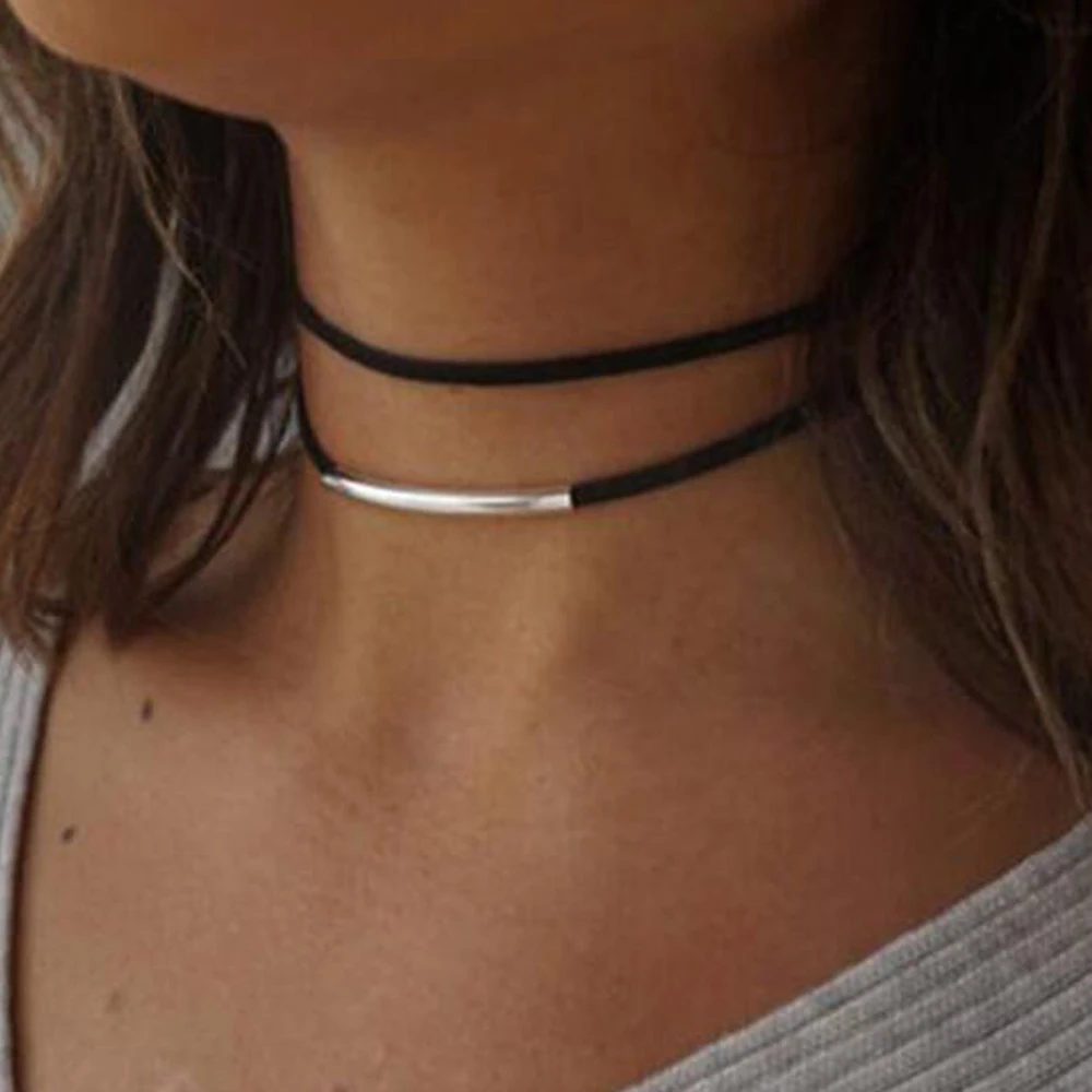 2019 New Fashion Bending Tube Velvet Choker Necklace Double Layer Style Torque Black Short Leather Necklace Charm Collier Femme