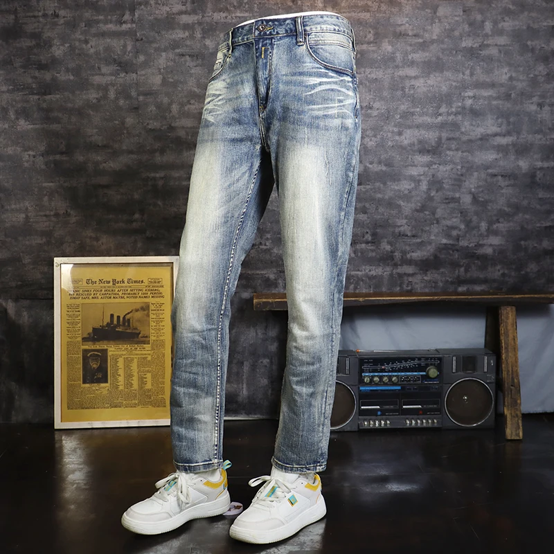 Italian Style Fashion Men Jeans High Quality Retro Blue Stretch Slim Fit Ripped Jeans Men Vintage Designer Denim Pants Hombre