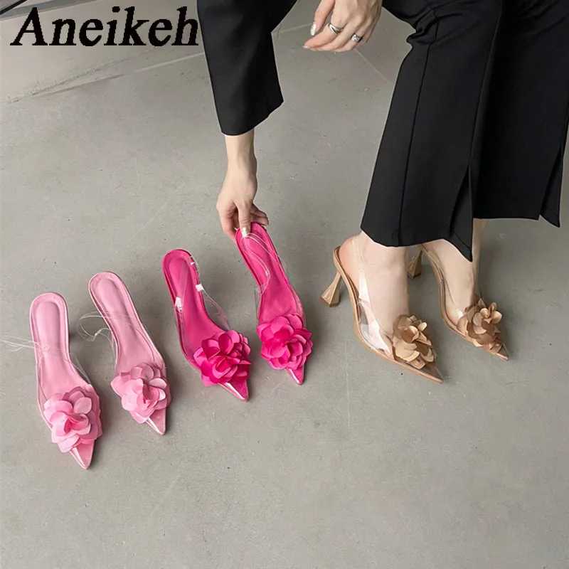 Aneikeh 2024 Sexy Transparent PVC Pointed Slingbacks High Heels Women's Flower Decorative Single Shoes Wedding Dress Zapatos