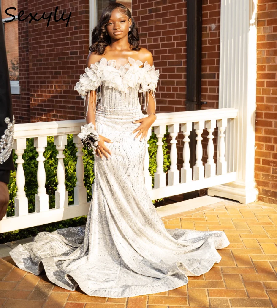 

Sparkly Silver Sequins Mermaid Prom Dress Off The Shoulder 3D Floral Tassel Evening Gown Aso Ebi Luxury Beaded Formal Occasion