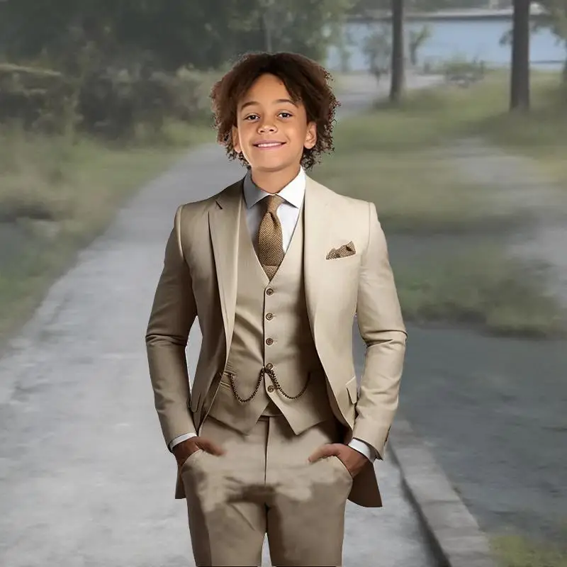 Boys' Suits Attire Beige Formal 3 Pieces Set (jacket+vest+pants) For Wedding Prom Party Outfit Teen Kids Clothes Child Tuxedos