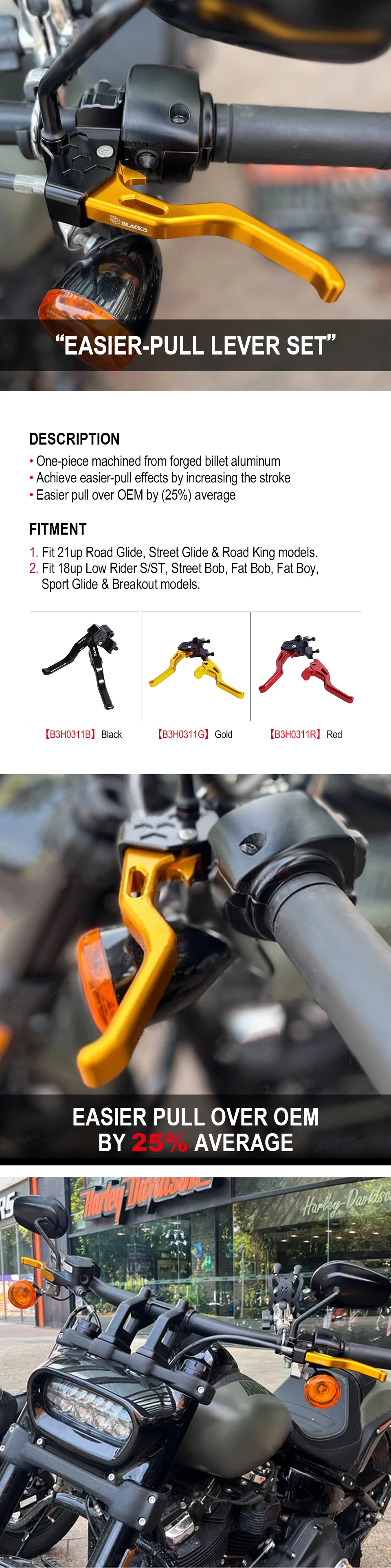 

Adjustable Easier-Pull Brake & Clutch Lever Set, Non-Hydraulic, Fit 2018+ Cruiser Models