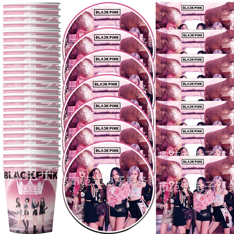 60pcs/lot Kids Girls Favor Pink Black Theme Cups Dishes Happy Birthday Party Baby Shower Plates Decorate Napkins Tableware Set