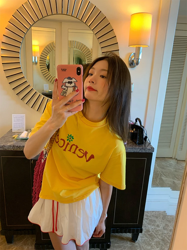 

Желтая женская футболка с надписью 2024, новый дизайн Sensation ort Sve Ele, топ маленького размера, хлопок, повседневный круглый топ Ne