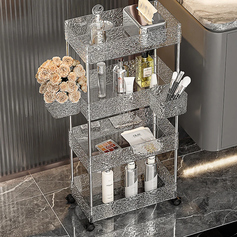 

Storage Rack Small Cart Household Living Room Bathroom Floor To Ceiling Mobile Transparent Acrylic Beauty Salon Furniture