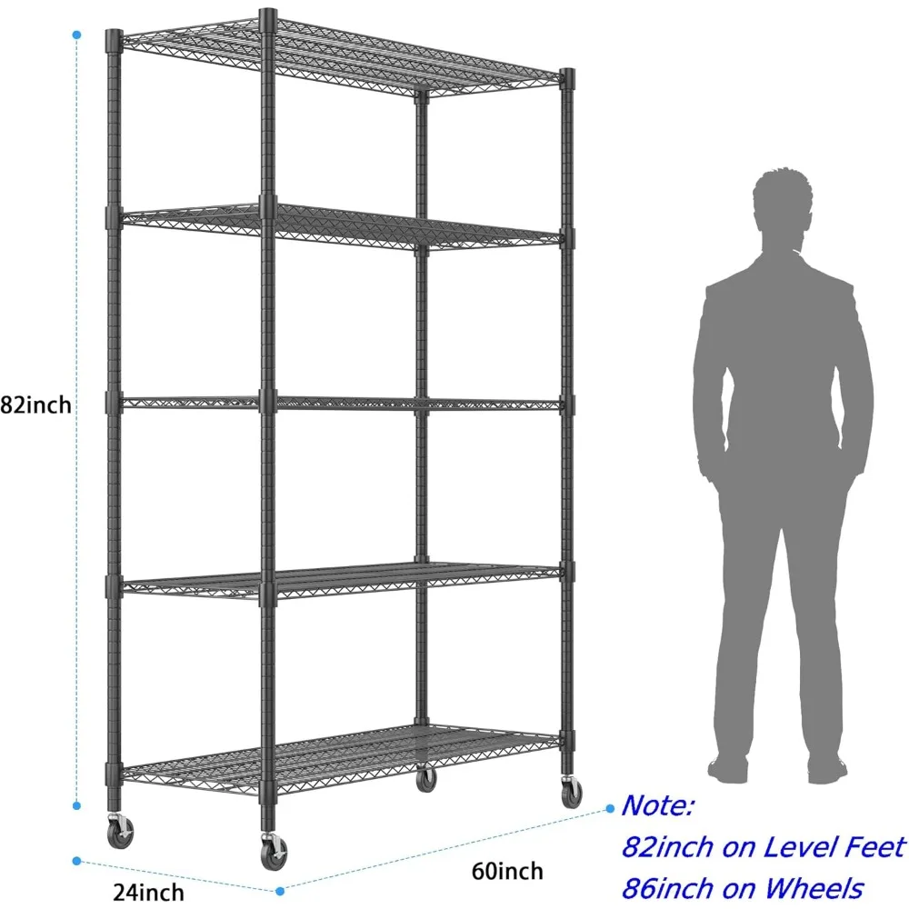 Сверхмощные полки для хранения, 5-уровневые проволочные полки с колесами, коммерческие регулируемые металлические полки для хранения, Garag