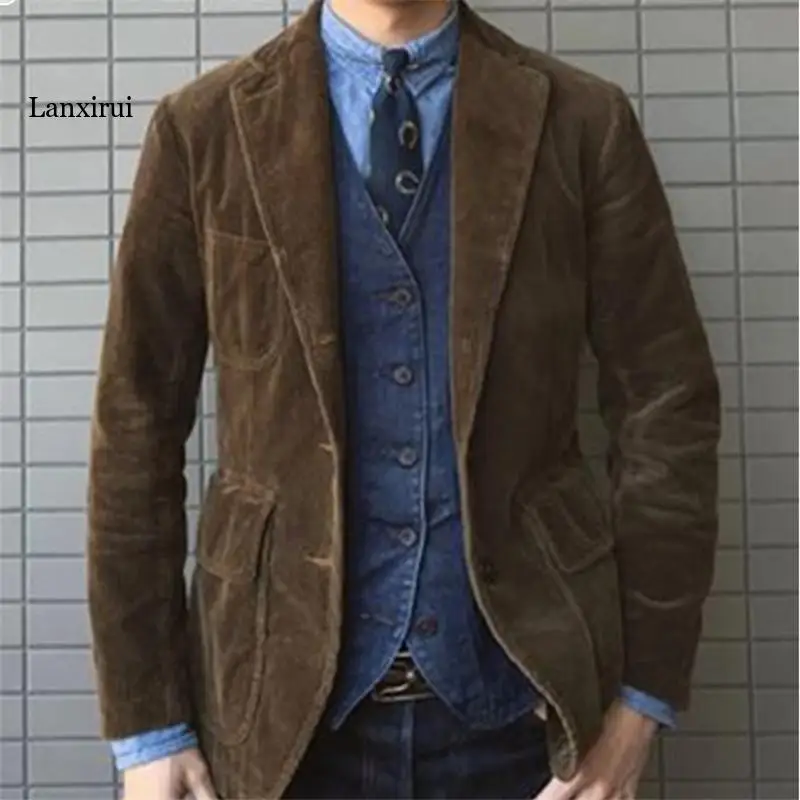 

Corduroy Men's Jacket Blazer Man Lapel British Midi Coat High-end Singal-breasted Jackets For Groomsmen Men Clothing Men