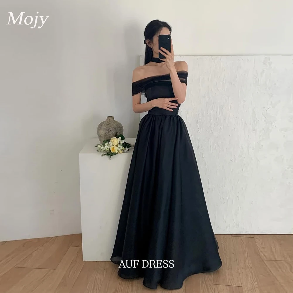 

Mojy Black Party Dresses Korean Style A Line Simple Wedding Dresses Strapless Prom Dresses Corset Back Evening Dresses