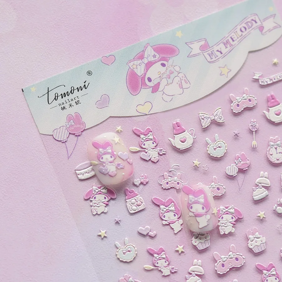 1PCS 5D Embossed Cartoon My Melody Nail Stickers Animation Cute Hello Kitty Stickers Kuromi Nail Supplies DlY Stickers For Nails