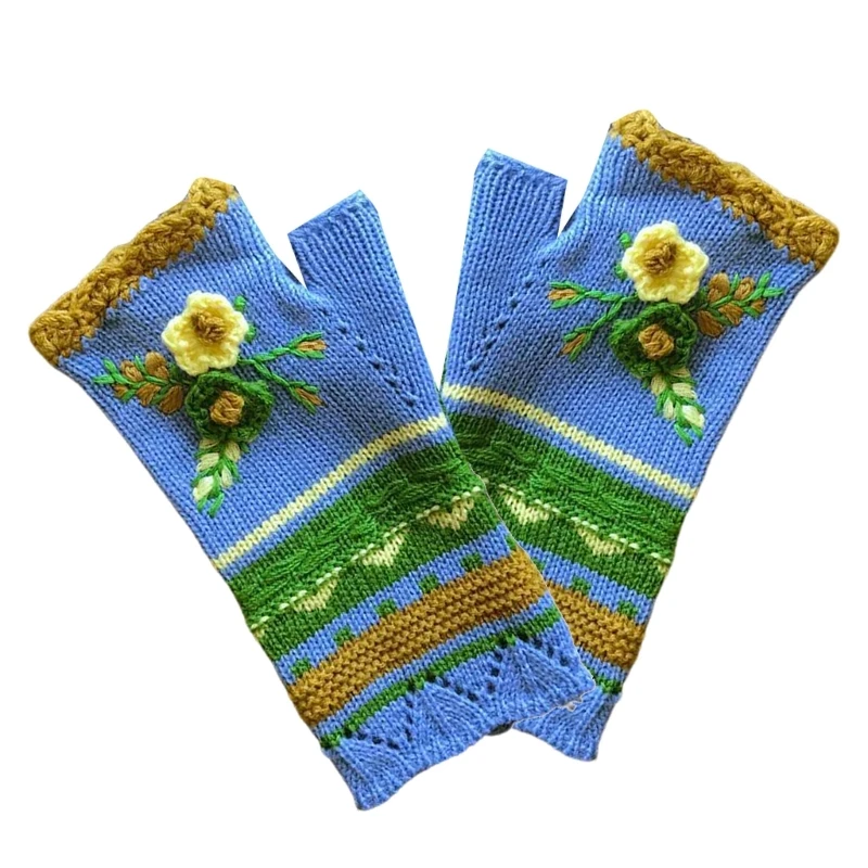 Winter Fingerless Gloves for Women with Embroidery, Knitted Wrist Warmer