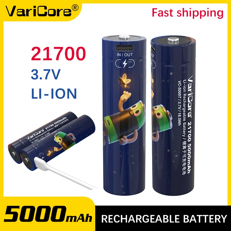 

VariCore 21700 5000mAh Li-ion Battery 3.7V USB-C Fast Charging Rechargeable Battery for Flashlight Power Bank Tools