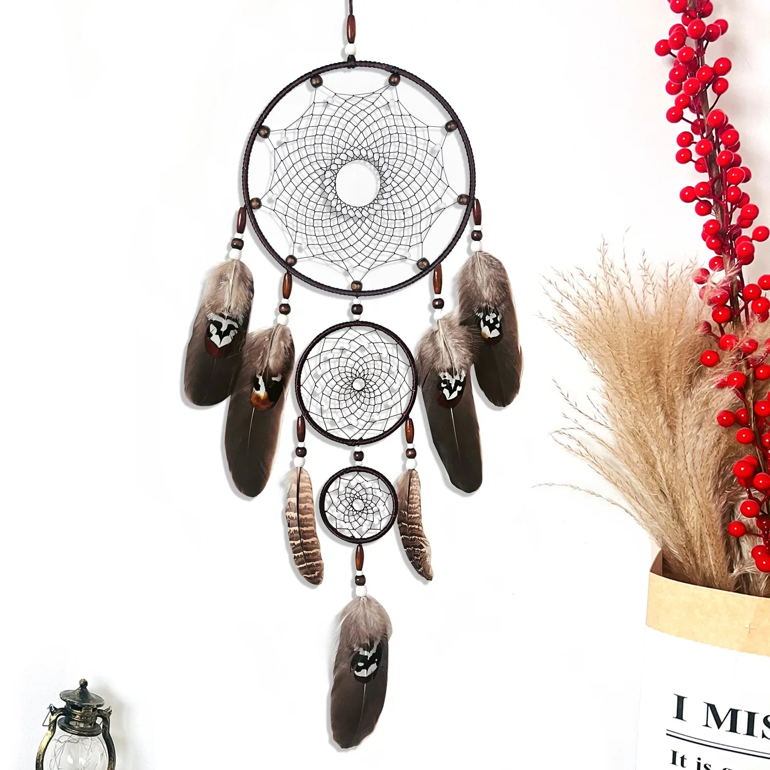 

Black dream catcher pendant feather wind chimes hand-woven creative wall hanging three-ring pendant