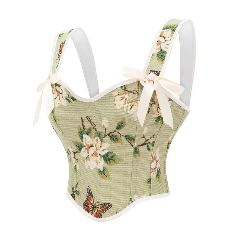 Vintage Women Bustier Vest Corset Sexy Lace-Up Floral Print Crop Top Fashion Backless Lingerie Camisole Corselet Plus Size