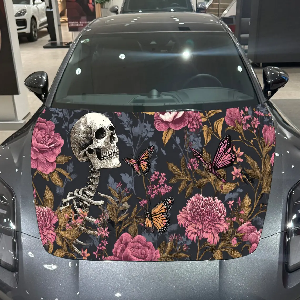 Car Decal Skull with Floral and Butterfly Artistic Background & Mystic-Dark Romantic Gothic Macabre Aesthetic Car Hood Sticker,
