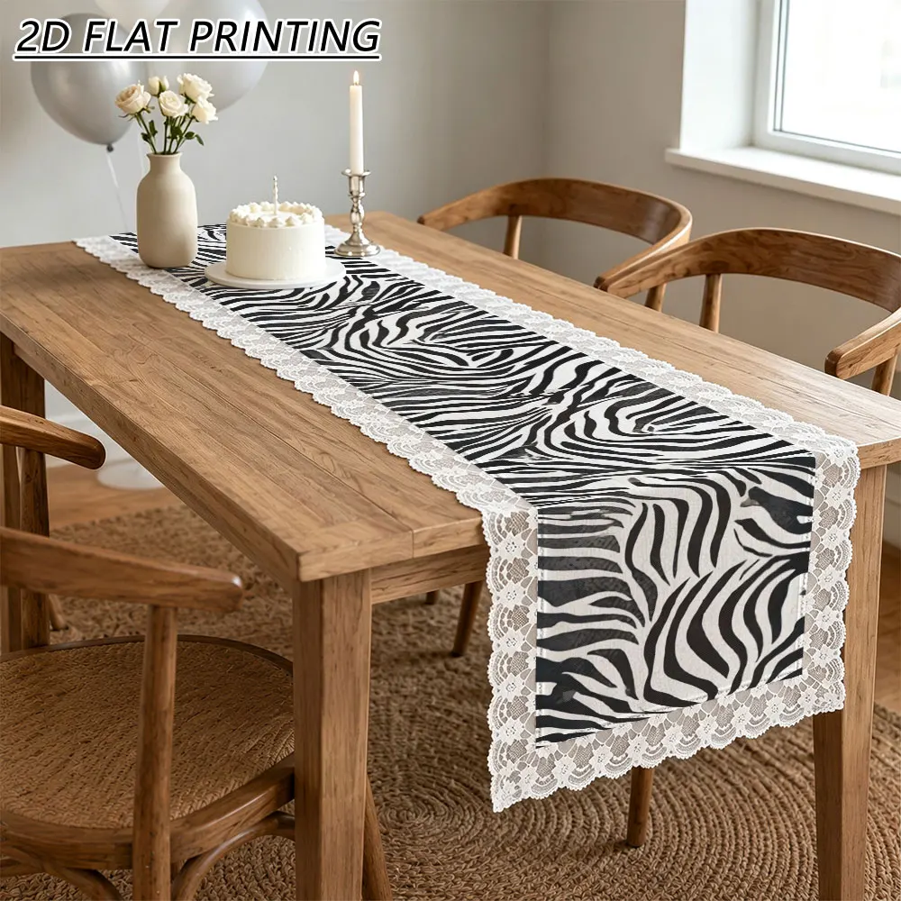 1pc Zebra Animal Print Pattern Tulle Lace Table Runner For Wedding Dining Room Event Decor