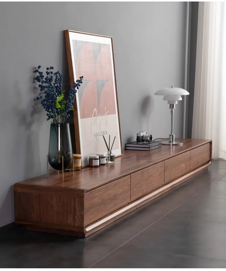 Modern Black Walnut TV Stand Solid Wood Media Console Small Apartment Living Room Floor Cabinet Customizable Storage Unit