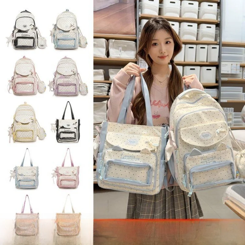 Cute Polka Dot Student Backpack Large Capacity Campus Bookbag Single Shoulder Tote Bag Commuter Zipper Closure Nylon Material