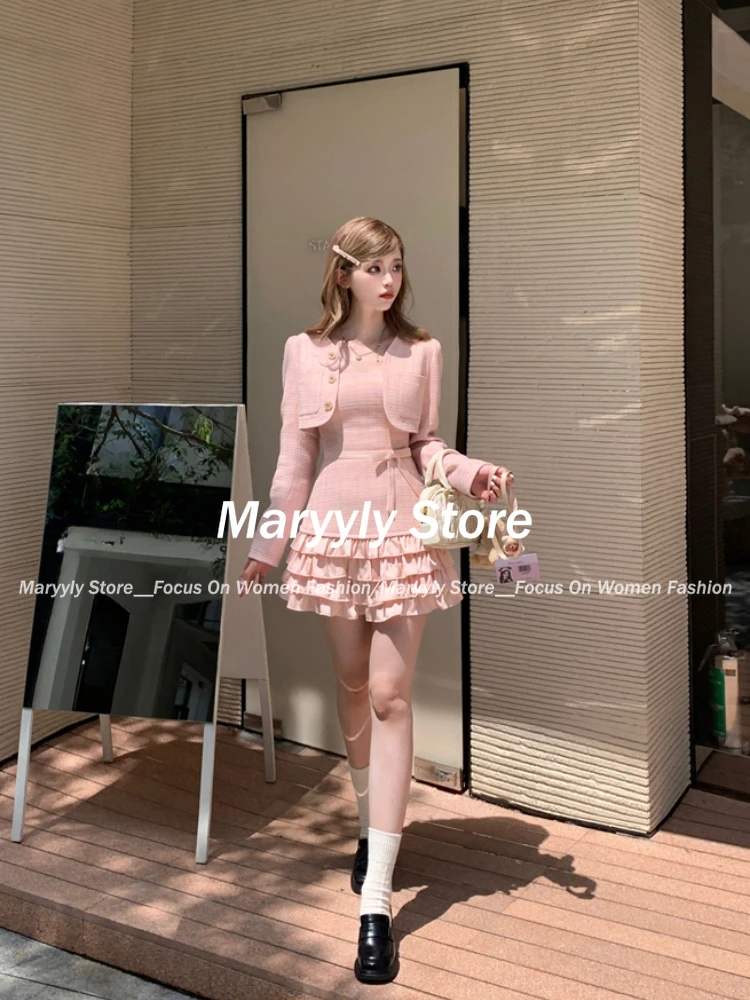 Autumn Sweet Pink 2 Piece Set Women Elegant Long Sleeve Short Cardigan Coat + Korean Slim Patchwork Bow Mini Strap Dress Chic