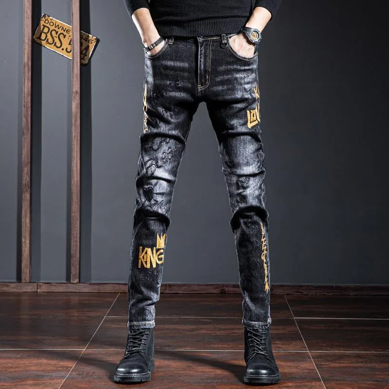 

Men's Clothing high quality Printed Black Jeans Trendy Brand Embroidered Slim-Fit Small Feet Letter Trendy All-Match Stretch