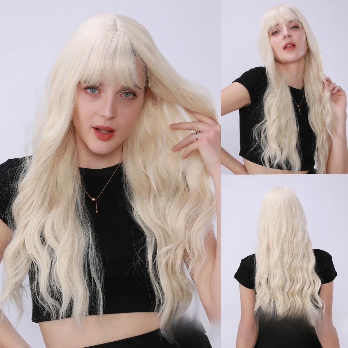 

Hot-selling European and American Qi bangs big waves long curly hair white gold temperament European and American full head wig